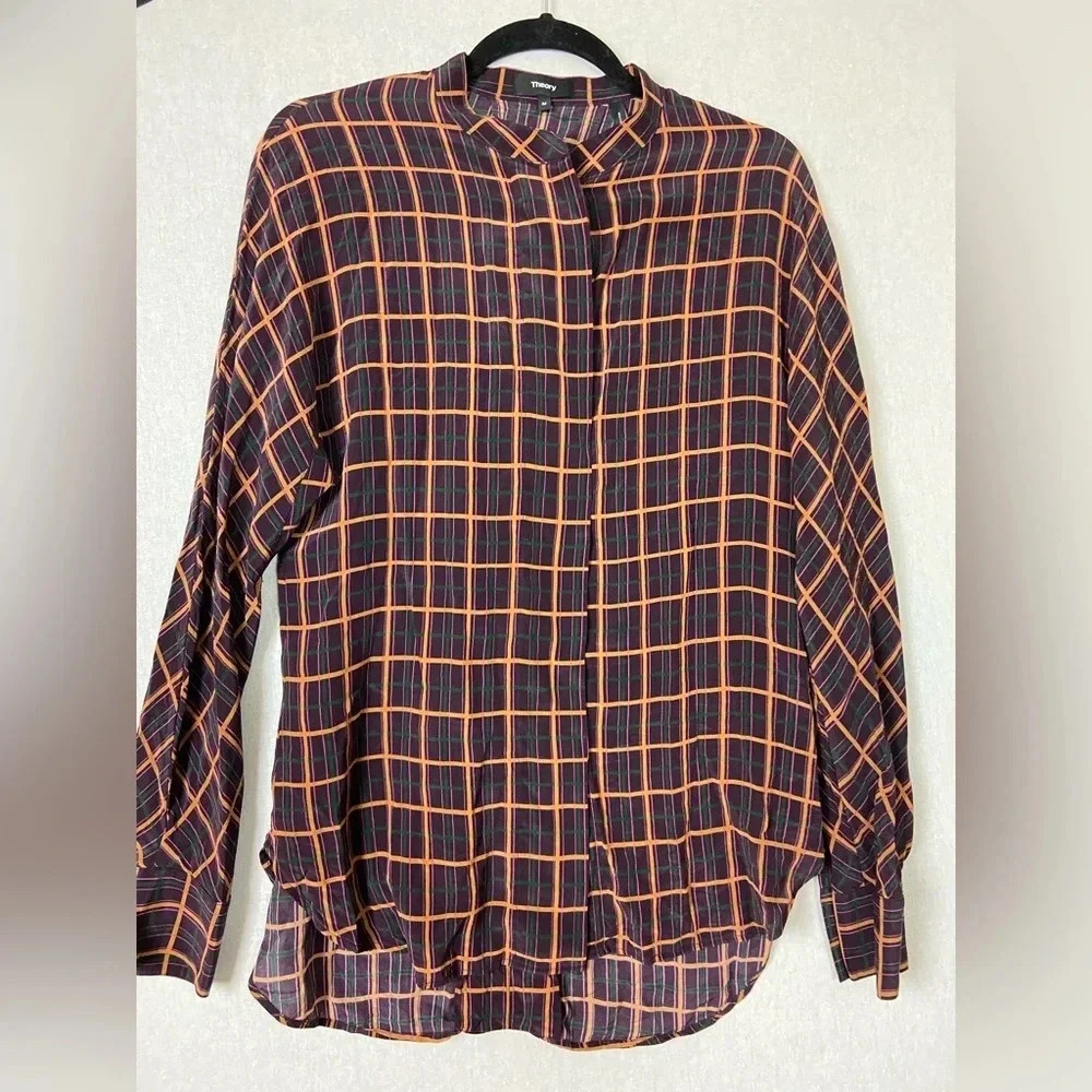 Theory Perfect Dolman Silk Blouse Top York Plaid Purple Size M
